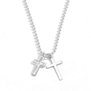 Minimalist double cross pendant necklace with a sleek bead chain in silver finish
