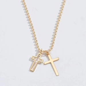 Minimalist stainless steel golden bead chain necklace with dual cross pendants