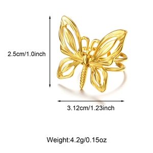Golden butterfly napkin ring with hollow design and size dimensions on white background
