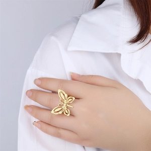 Butterfly Ring Gold Plated Stainless Steel Hollow Vintage French Style Elegant Finger Jewelry For Women