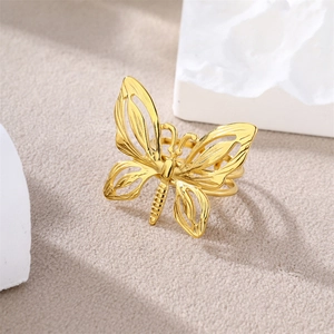 French retro butterfly petal open ring in 18k gold plated stainless steel for women