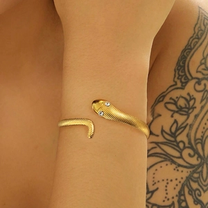 Snake Shaped Open Bracelet Stainless Steel Adjustable Cuff Bangle With Rhinestone Eyes Scale Texture Fashion Jewelry For Women