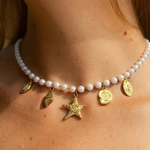 Elegante Halskette Im Meeresstil Mit Kunstperlen Und Anhängern Aus Edelstahl In Seestern Und Muschelform Damen Strandschmuck