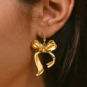 Elegant Bowknot Drop Earrings Stainless Steel Sweet Ribbon Style Minimalist Lightweight Metallic Dangle Jewelry For Women