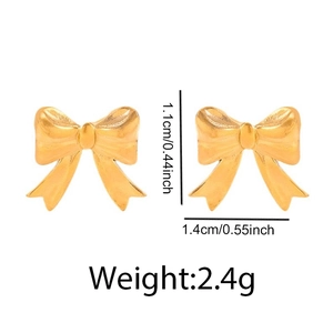 Golden stainless steel bow knot stud earrings for women with detailed size measurements