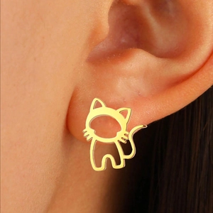 Cute Hollow Cat Stud Earrings Stainless Steel Minimalist Geometric Animal Ear Studs For Women Fashion Accessory Jewelry