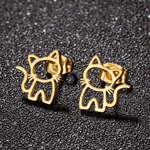 Cute golden hollow cat stud earrings in polished stainless steel for women and girls