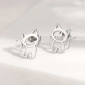 Cute hollow cat stud earrings in polished silver stainless steel with butterfly backs