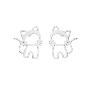 Minimalist silver cat-shaped stud earrings in polished stainless steel with cutout design