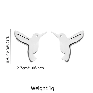 Minimalist silver hummingbird stud earrings for women with size measurement details
