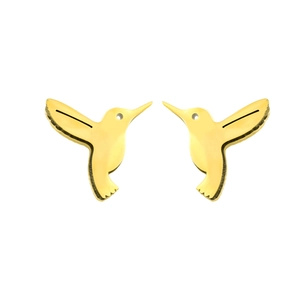 Minimalist hummingbird stud earrings in polished gold metal with detailed wing texture