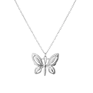Elegant 3D hollow butterfly pendant necklace in silver stainless steel on white background