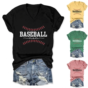 Detail view of V-neck Baseball Mom T-shirts in black, yellow, green and pink colors