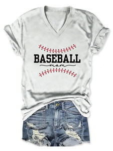 Detail of V-neck white T-shirt featuring Baseball Mom print and distressed denim shorts