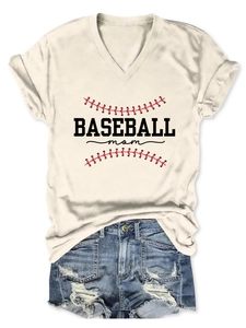 Detail of V-neck white baseball mom t-shirt with rolled sleeves and denim shorts