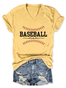Flat lay of a yellow V-neck T-shirt with BASEBALL mom print and distressed denim shorts