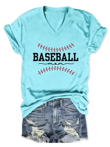 Detail of light blue V-neck T-shirt featuring a BASEBALL mom graphic print and rolled sleeves