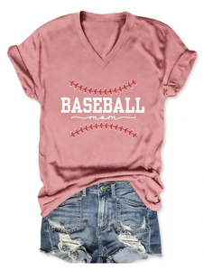 Close-up of V-neck T-shirt with BASEBALL mom print and baseball stitching graphic