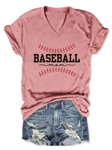 Flat lay of pink V-neck baseball mom T-shirt with distressed denim shorts on white background
