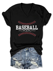 Detail of V-neck Baseball Mom T-shirt paired with distressed blue denim shorts