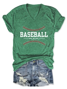 Close-up of green V-neck Baseball Mom T-shirt showing heather fabric and print detail