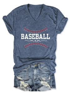 Flat lay of women's casual V-neck Baseball Mom t-shirt with distressed denim shorts