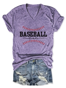 Close-up of a purple V-neck Baseball Mom T-shirt paired with distressed denim shorts