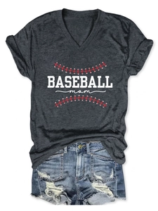 Detail of the white Baseball Mom print and red stitching on a dark grey V-neck T-shirt