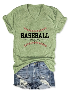 Detail of V-neck tee featuring BASEBALL mom graphic print with red stitching elements
