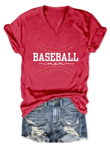 Flat lay of a red V-neck Baseball Mom T-shirt with distressed blue denim shorts detail