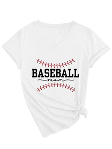 Close-up of white V-neck T-shirt with black Baseball Mom print and side-knot detail