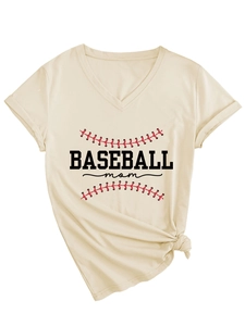 Detail of V-neck beige T-shirt with baseball mom print and stylish side knot design