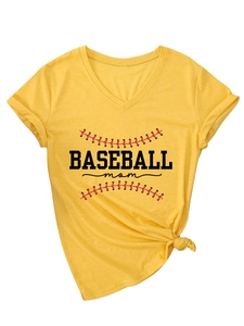 Detail of yellow V-neck cotton T-shirt with Baseball Mom print and stylish side knot