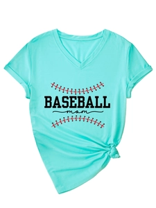 Detail of V-neck turquoise baseball mom t-shirt showing printed logo and side knot