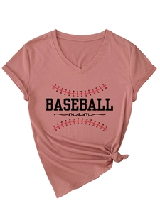 Detail of V-neck T-shirt with Baseball Mom print and stylish front knot hem design