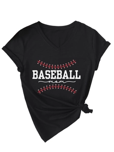 Detail of V-neckline and Baseball Mom print with side knot on black cotton t-shirt