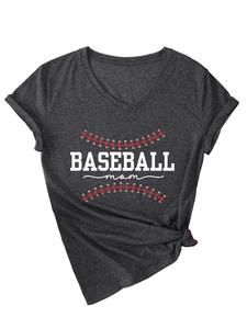 Detailed view of women's grey V-neck T-shirt with Baseball Mom print and side knot
