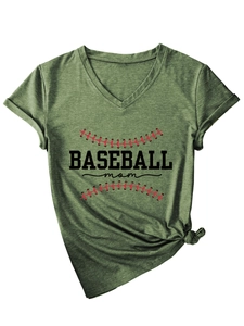 Close-up of military green V-neck T-shirt with black BASEBALL mom print and red stitching