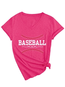 Detail of hot pink V-neck T-shirt with BASEBALL mom print and stylish side knot hem