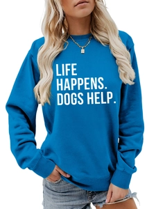 Detailed close-up of ribbed cuffs and hem on this bright blue crewneck dog slogan sweatshirt