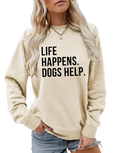 Detail of soft apricot sweatshirt with LIFE HAPPENS DOGS HELP print and ribbed cuffs