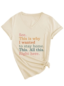 Detail of V-neck short sleeve t-shirt with graphic print and stylish knotted hem