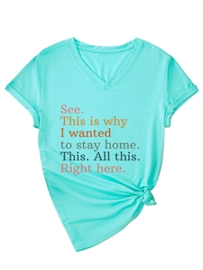 Detail of V-neck short sleeve t-shirt with slogan print and stylish knot hem design