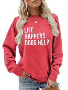 Detail of red crewneck sweatshirt with Life Happens Dogs Help print and ribbed cuffs