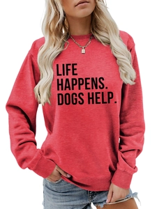 Close-up of red dog-themed sweatshirt with ribbed cuffs and life happens dogs help print