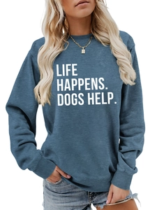 Detail of white Life Happens Dogs Help text printed on a navy blue casual sweatshirt