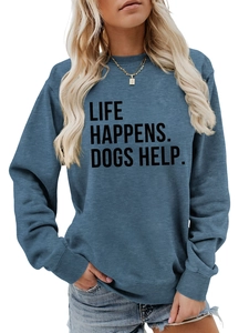 Detail of blue-grey sweatshirt with Life Happens Dogs Help print and ribbed cuffs
