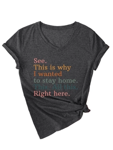 Detail of grey heather V-neck t-shirt with colorful quote and side knot design