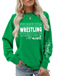 Detail of green wrestling aunt sweatshirt featuring printed slogan on the left sleeve
