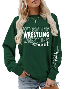 Detail of the sleeve print My Heart Is On That Mat on a green wrestling aunt sweatshirt